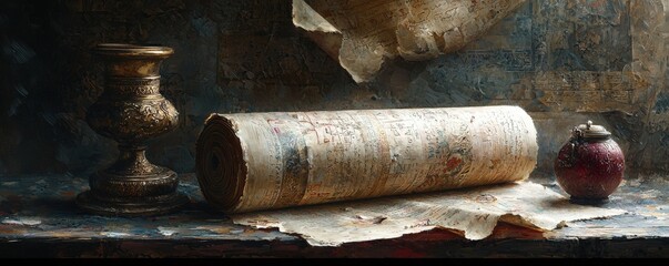 Poster - Hyper-Realistic Still Life with Scroll and Vase