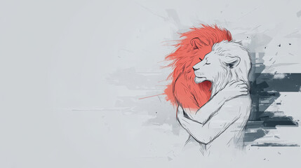 Two lions embrace in a sketch-style illustration.