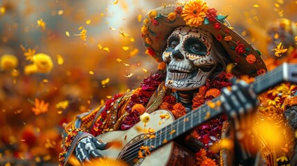 Musical Skeleton Celebrating Day of the Dead in Colorful Illustration