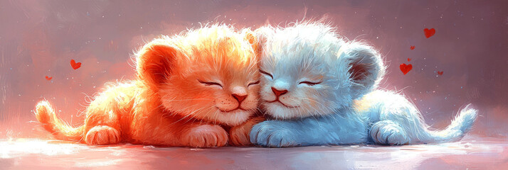 Wall Mural - Two cute lion cubs snuggle together.