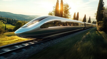 Canvas Print - Modern High-Speed Train Traveling Through a Rural Landscape at Sunset