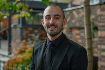 Portrait of a young and handsome caucasian entrepreneur smiling and posing outside his restaurant