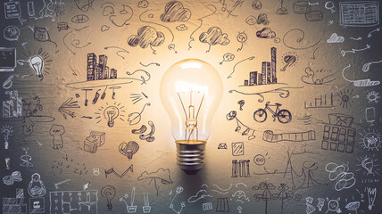 Glowing Light Bulb with Creative Doodle Background