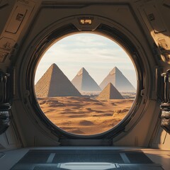 Wall Mural - View from a nlo cockpit with large porthole with Egyptian pyramids, reptiloid back view, futuristic, sci-fi, realistic details, high quality