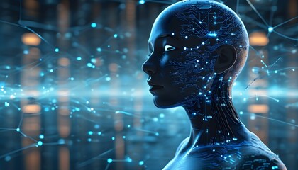 Poster - Futuristic digital depiction of human anatomy within a luminous blue network, embodying the intersection of artificial intelligence, technology, and medicine