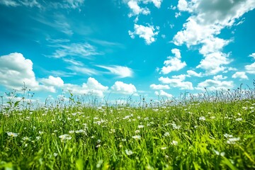 Sticker - Green Grass Field with Blue Sky and White Clouds