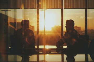 Two businessmen are having a serious conversation during a meeting in a boardroom, silhouetted against a beautiful sunset