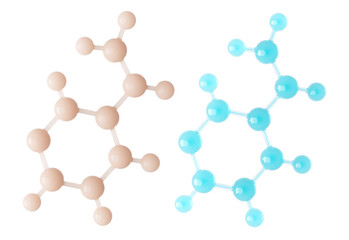 Models of organic cosmetics molecules, molecular structure representing chemical compounds. 3d rendering for pharmaceutical sciences to visualize atomic configurations