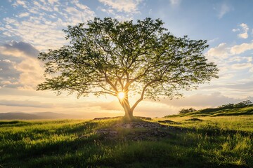 Sticker - Single tree silhouette against a sunset sky, showcasing nature, hope, and growth.