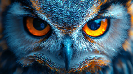 Wall Mural - Close-up of an owl's piercing orange eyes.