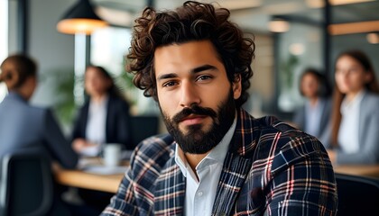 Wall Mural - Confident man with curly hair and beard in checkered blazer seated in modern office with out-of-focus colleagues in the background