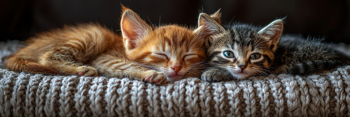 Two adorable kittens, one orange and one tabby, nap peacefully on a cozy knitted blanket.