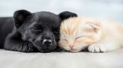 Poster - A black puppy and a cream kitten sleep peacefully together.