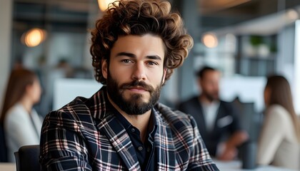 Wall Mural - Confident man with curly hair and beard in checkered blazer seated in modern office with out-of-focus colleagues in the background