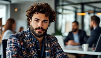 Confident man with curly hair and beard in checkered blazer seated in modern office with out-of-focus colleagues in the background