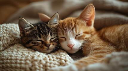 Canvas Print - Two adorable kittens snuggle close together for a nap.