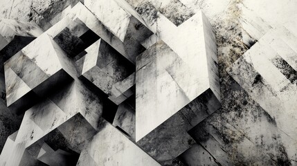 Poster - asymmetrical deconstruction with irregular shapes and high fidelity textures in a stark monochrome p