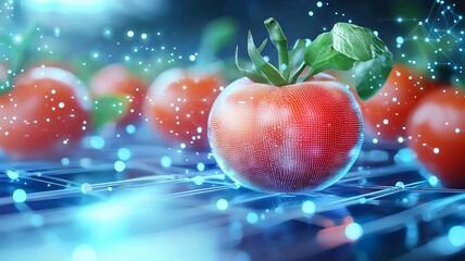 Vibrant tomato floating in a digital space surrounded by glowing particles, representing freshness and technology in agriculture.