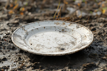 Poster - An empty, chipped plate lying on a dirt floor. Concept of food insecurity and poverty.