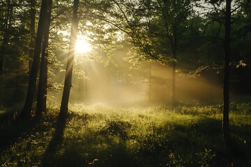 Poster - Golden sunrise through the trees in a misty forest