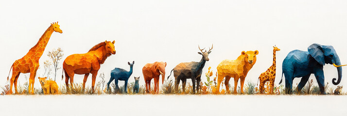 A line of colorful, polygonal animals stand against a white background.