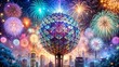 © FatePSE - Iconic New Year’s Eve ball drop surrounded by colorful fireworks over a city skyline
