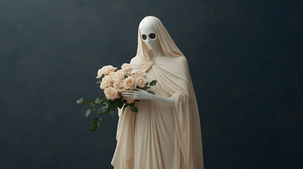 A white statue of a woman holding a bouquet of flowers