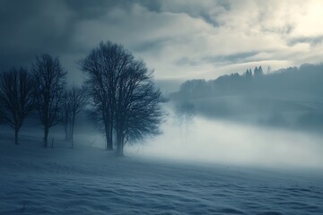 Canvas Print - Misty Winter Landscape with Snow Covered Trees and Fog