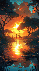 Wall Mural - Silhouettes of giraffes stand in a river at sunset.