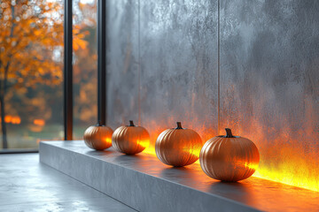 Poster - A sleek, minimalist Halloween display featuring glowing geometric pumpkins and abstract, metallic decor. Concept of contemporary holiday design.