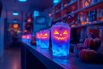 Poster - A sleek Halloween-themed cafe with glowing, color-changing drinks and desserts that evoke eerie atmospheres. Concept of innovative holiday dining.