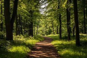 Sticker - Sunlit pathway through green forest with lush foliage