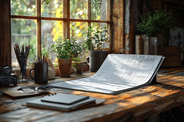 Poster - A professional portfolio opened to a detailed business plan. Concept of strategic planning.