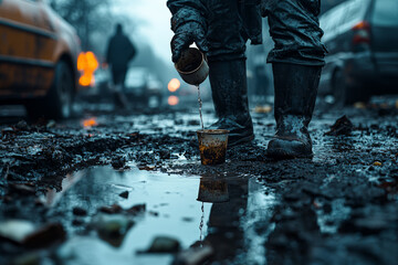 Wall Mural - A person collecting water from a puddle with a small, cracked cup. Concept of water scarcity and desperation.