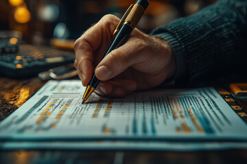 Poster - A hand placing a signature on an investment agreement, next to a financial chart. Concept of business negotiations.