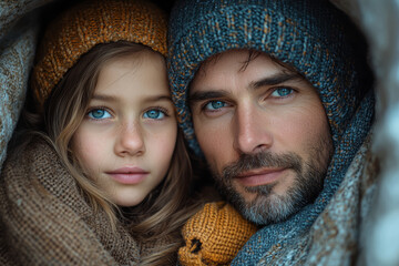 Poster - A family huddled together under a thin blanket in a poorly insulated room. Concept of energy poverty and warmth.