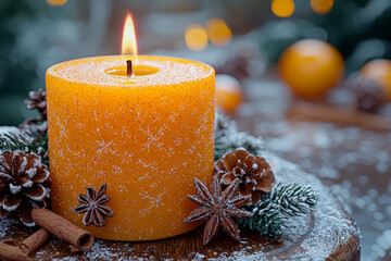 Poster - A cinnamon-scented candle burning on a rustic wooden table. Concept of holiday scents and coziness.