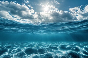 Sun shining through the surface of the ocean with clouds in the sky