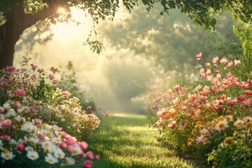 Wall Mural - A sun-drenched path winds through a blooming flower garden.