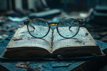 Poster - a broken pair of reading glasses resting on an old, frayed book. concept of education challenges in 