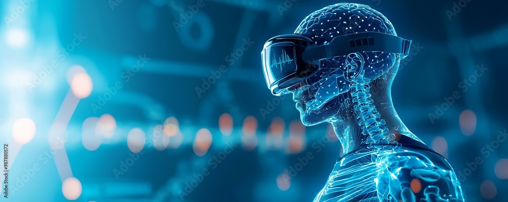 Futuristic virtual reality concept featuring a human-like figure with a ...