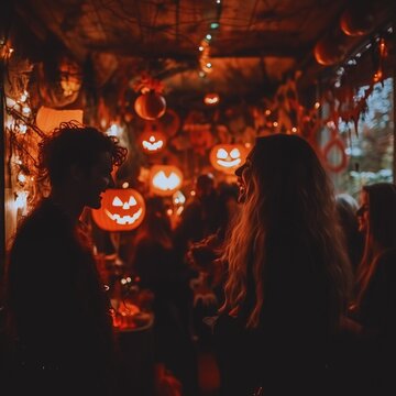 Celebrating Halloween with large group of glowing Jack O' Lanterns