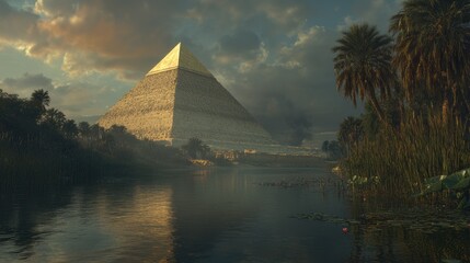 Wall Mural - sunset over the river with the pyramids