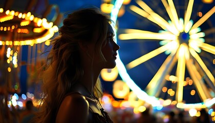 Enchanting silhouette of a girl against a glowing Ferris wheel at a vibrant summer festival