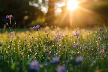 Canvas Print - Sunrise over a field of purple wildflowers with dew drops. Warm summer light and vibrant nature.