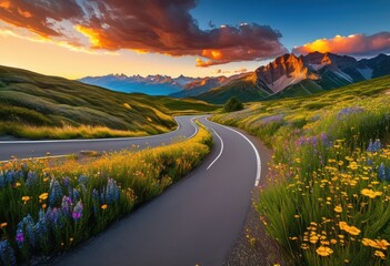 vibrant roadway perspective showcasing striking landscapes lush majestic clear scenic features bright colors, aesthetic, backdrop, beauty, breathtaking