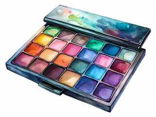 A palette of makeup with a blue lid. The palette is full of colors and has a blue lid