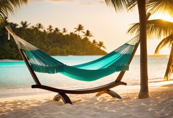 Wall Mural - tranquil hammock set serene ocean backdrop cool refreshing drink reach, beach, relaxation, sand, water, sky, blue, clouds, coast, shore, summer, leisure