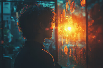Poster - an image of a person standing in front of a mirror, where their reflection morphs into a different e