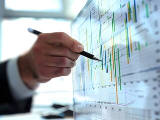 Poster - Close-up of a business professional's hand analyzing data on a digital screen, showcasing financial trends and analytics.